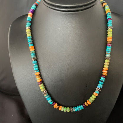 Navajo Blue Turquoise & Orange Spiny Oyster Necklace | Sterling Silver | 18" | 13434
