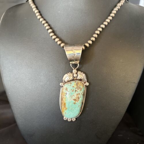Navajo Pearls Sterling Silver Necklace with Blue Turquoise #8 Pendant | Authentic Native American Handmade | 14809