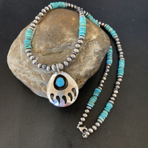 USA Bear Paw Men's Navajo Pearl Sterling Blue Turquoise Necklace Pendant 12550