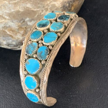 Navajo Blue Kingman Turquoise Cuff Bracelet | 2 Row | 16 Stone | Sterling Silver | Authentic Native American Handmade | 12691