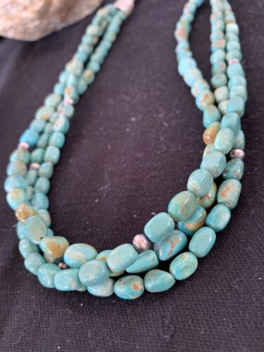 Navajo Royston Turquoise Necklace | 3 Strand | Sterling Silver | Authentic Native American Handmade | 494