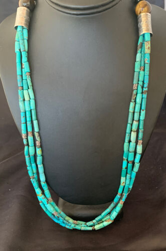 Navajo 3-Strand Tube Turquoise Bead Necklace | Sterling Silver | 26" | Authentic Native American Handmade | 11821