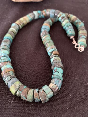 Rustic Turquoise Heishi Bead Necklace | 11mm | Navajo Sterling Silver | Authentic Native American Handmade | 17" | 639