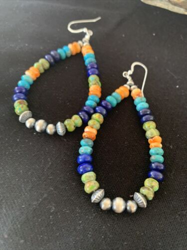Navajo Sterling Silver Bead Earrings | Spiny, Turquoise & Lapis Dangle | Authentic Native American Handmade | 1413