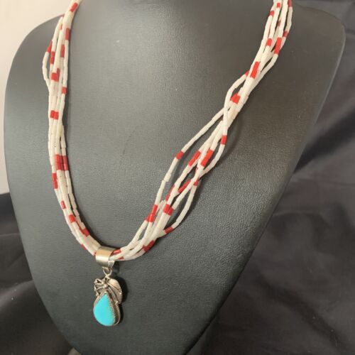 Navajo Red White Coral Turquoise Pendant | Sterling Silver Necklace 18" | Multi-Strand | 12056