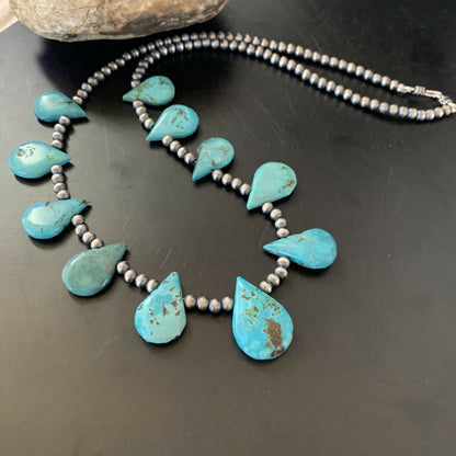 Native American Navajo Pearls Necklace | Sterling Silver | Blue Turquoise Teardrop | 11484