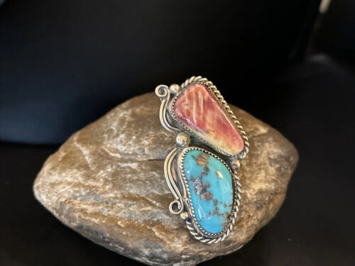 Navajo Turquoise Spiny Oyster Multi-Stone Ring | Authentic Native American Sterling Silver | Sz 10 | 14493