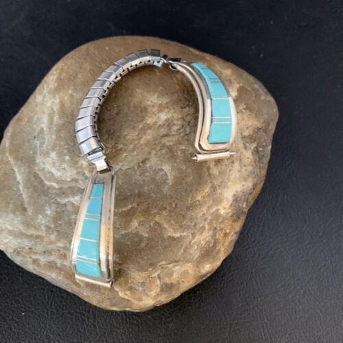 Navajo Sterling Silver Watch Tips with Blue Turquoise Inlay Band | Authentic Native American Jewelry | 13728