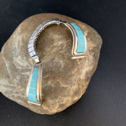 Navajo Sterling Silver Watch Tips with Blue Turquoise Inlay Band | Authentic Native American Jewelry | 13728