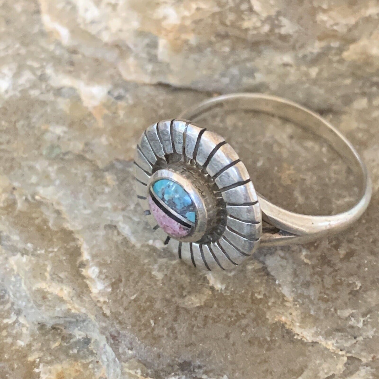 Navajo Blue Turquoise Pink Coral Inlay Ring | Sz 6 | Sterling Silver | Authentic Native American Handmade | 11170