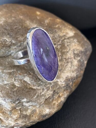 Navajo Women's Oval Purple Charoite Ring | Sterling Silver | Sz 8 Adjustable | Authentic Native American Handmade | 10566