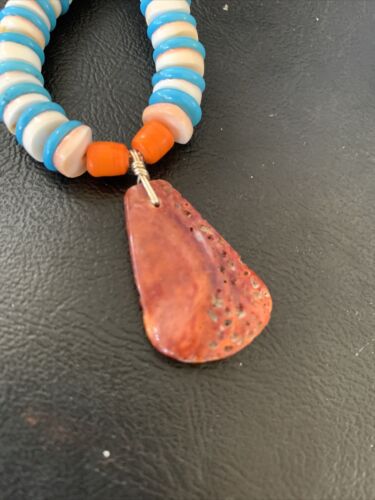 Santo Domingo Shell Pendant | Spiny Oyster & Blue Turquoise | 20" Necklace | Navajo | 12521