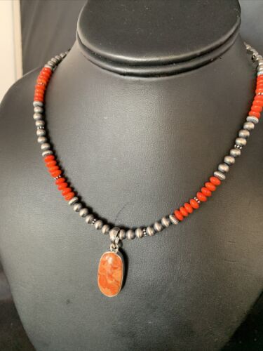 Navajo Red Apple Coral Necklace Pendant Naja | Sterling Silver | Authentic Native American Handmade | 13932