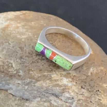 Southwestern Navajo Green Gaspeite Sugilite Red Coral Inlay Ring | Sz 7 | 02249