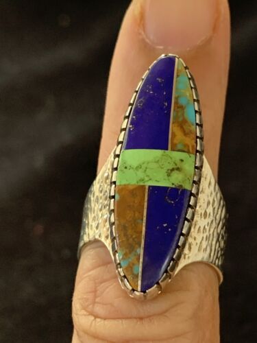Navajo Multi-Color Lapis & Turquoise Inlay Ring | Sterling Silver | Sz 7 | Authentic Native American Handmade | 1578