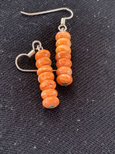 Native American Navajo Orange Spiny Oyster Bead Earrings | Sterling Silver | 13057
