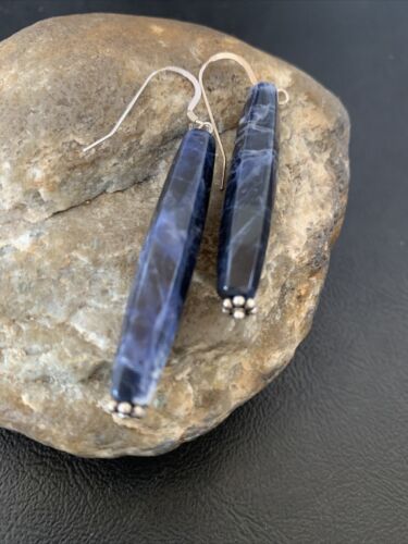Navajo Blue Lapis Lazuli Bead Dangle Earrings | Sterling Silver | Authentic Native American Handmade | 13031