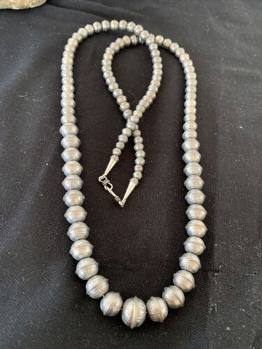 Navajo Pearls Sterling Silver Necklace | Hand-Stamped Bench Beads | 36" | Southwestern | 93336