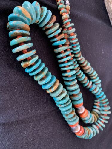 Navajo Sterling Silver Necklace | Natural Green Turquoise & Spiny Oyster | Graduated | Authentic Native American | 28" | 00328