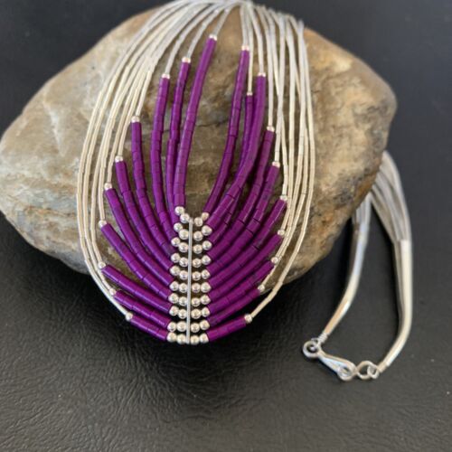 Sugilite Liquid Silver Heishi Necklace | 10 Strand | Sterling Tubes Pendant | 12299