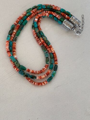 Navajo Green Turquoise Spiny Necklace Set | Sterling Silver | Authentic Native American Handmade | 2979 - Masha USA