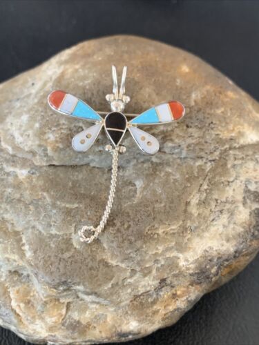 Zuni Turquoise White Mother of Pearl Inlay Dragonfly Necklace Pin Pendant | Sterling Silver | 12326