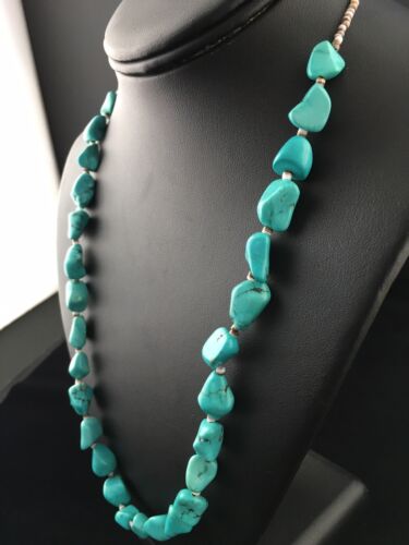 Navajo Blue Nugget Turquoise Heishi Necklace | Sterling Silver | 22" | Authentic Native American Handmade | 10064
