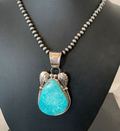 Blue Kingman Turquoise Pendant | Sterling Silver Navajo Pearls Men's Necklace 21" | 808