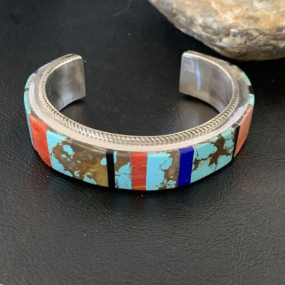 Men's Navajo Turquoise Spiny Lapis Inlay Bracelet | Sterling Silver | Authentic Native American Handmade | 12236
