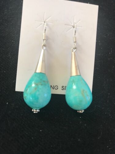 Native American Blue Turquoise Bead Dangle Earrings |  Navajo Handmade Sterling Silver | 960