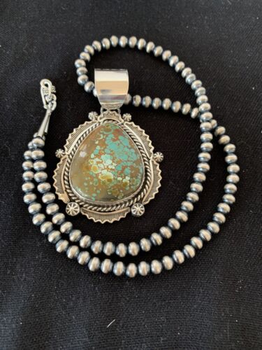 Native American Men's Sterling Silver Turquoise #8 Pendant | Navajo Pearls Necklace | 208