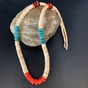 Authentic Native American Santo Domingo Necklace | Red Coral, Blue Turquoise, Onyx, Shell | 22" | 13485