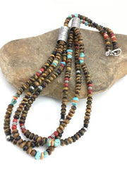 Navajo Multi-Color 3 Strand Necklace | Tiger's Eye & Turquoise | Sterling Silver | 4896