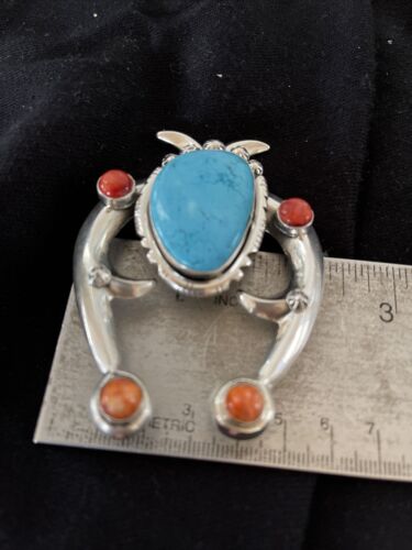 Navajo Turquoise & Coral Naja Tufa Cast Pendant | Authentic Native American Handmade | Sterling Silver | 01061