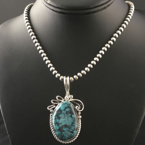 Navajo Pearls Sterling Silver Pendant with Blue Spiderweb Turquoise | 2.5" | Authentic Native American Handmade | 10164