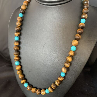 Navajo | Sterling Silver Necklace | Brown Tiger's Eye & Blue Turquoise | 20" | Authentic Native American Handmade | 13895