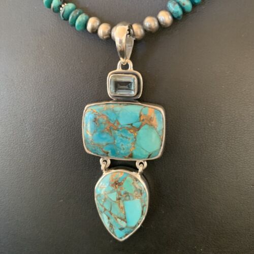 Navajo Pearls Sterling Silver Necklace with Blue Mojave AZ Turquoise Pendant | Multi-Stone | 11819