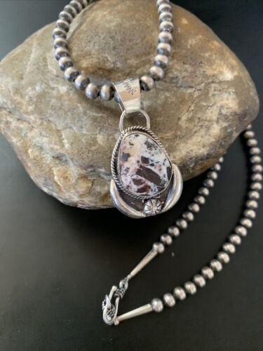 Navajo White Buffalo Turquoise Pendant Necklace | Sterling Silver | Authentic Native American Handmade | 11401