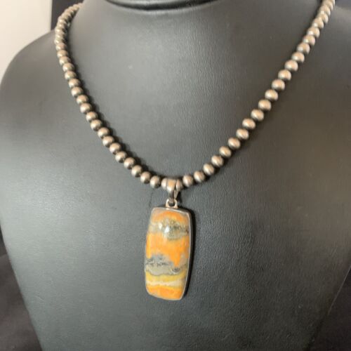 Navajo Bumblebee Jasper Pendant Necklace | Sterling Silver | Authentic Native American Handmade | 12726