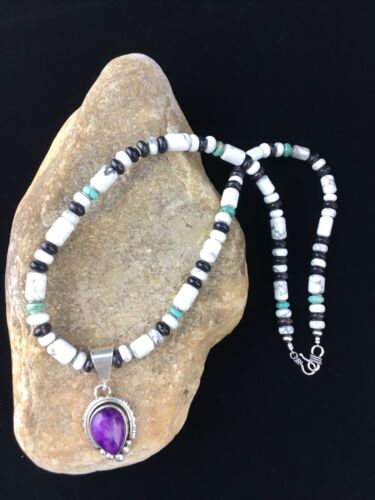 Navajo Purple Sugilite Turquoise Bead Necklace | Sterling Silver | 22" | Authentic Native American Handmade | 10033