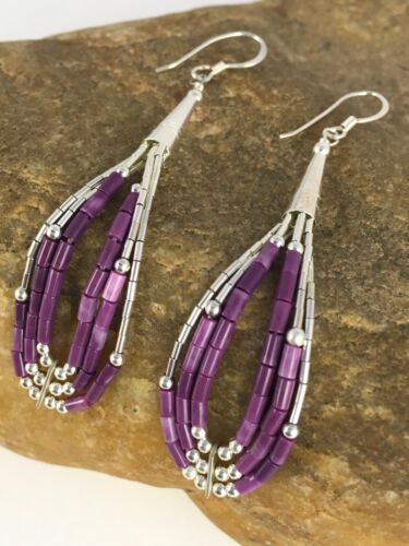 Native American Sugilite Heishi Tube Dangle Earrings | Sterling Silver | 2" | 8874