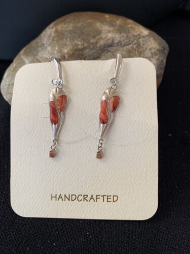 Navajo Red Spiny Oyster Inlay Earrings | Sterling Silver | 2" | Authentic Native American Handmade | 1520
