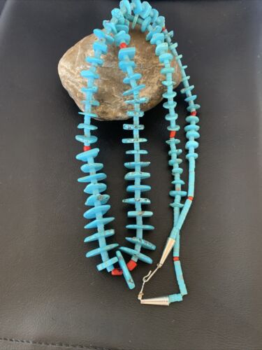 Authentic Native American Santo Domingo Necklace | Sterling Silver, Coral & Turquoise | 36" Graduated | 12068