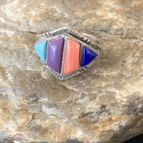 USA Navajo Multi-Color Turquoise Sugilite Coral Lapis Sterling Ring 9 12396