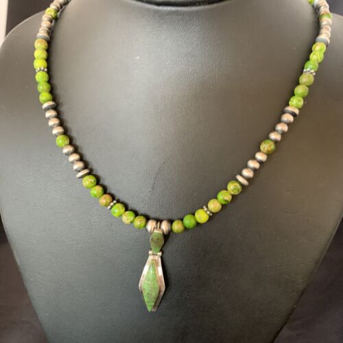 Navajo Green Gaspeite Turquoise Pendant | Sterling Silver Inlay | Authentic Native American Handmade | 12361 - Masha USA