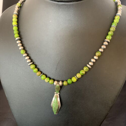 Navajo Green Gaspeite Turquoise Pendant | Sterling Silver Inlay | Authentic Native American Handmade | 12361 - Masha USA