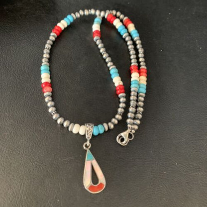 Navajo Pearls Wild Horse Turquoise Necklace Inlay Pendant | Sterling Silver | Authentic Native American Handmade | 13885