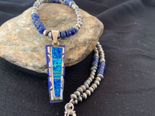 Southwestern Navajo Sterling Silver Necklace Pendant | Purple Opal Lapis Inlay | Authentic Native American Handmade | 00595