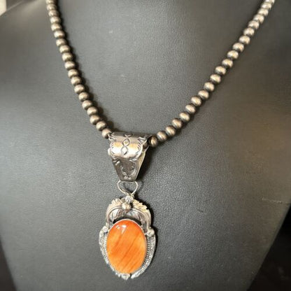 Navajo Orange Spiny Oyster Pendant Necklace | Sterling Silver | Authentic Native American Handmade | 14682