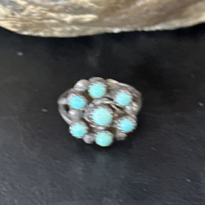 Zuni Blue Turquoise Cluster Ring | Authentic Native American Sterling Silver | Multi-Stone | Sz 7.5 | 14727